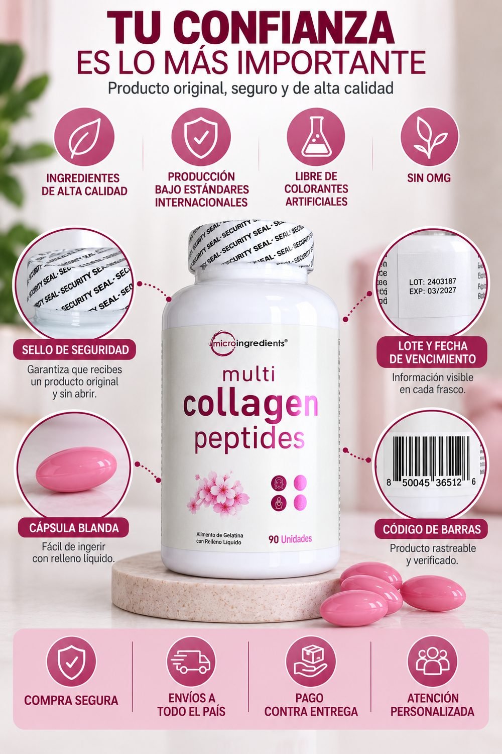 Etiqueta real de Multi Collagen Peptides Microingredients, lote, vencimiento y código de barras