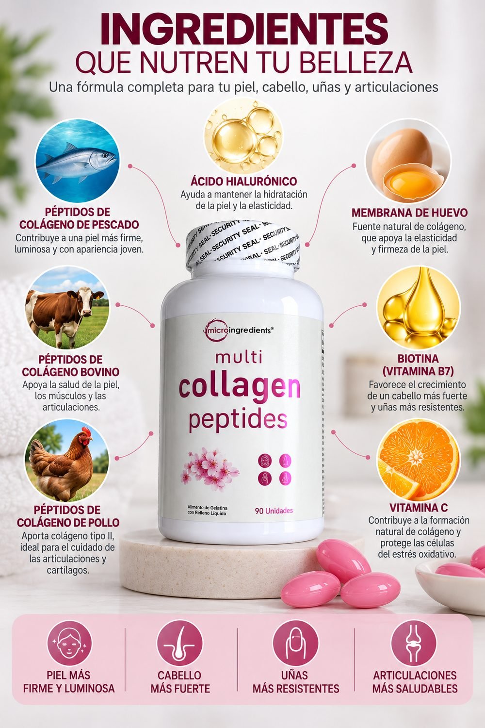 Multi Collagen Peptides Microingredients, ingredientes de 3 fuentes de colágeno más ácido hialurónico, biotina y vitamina C