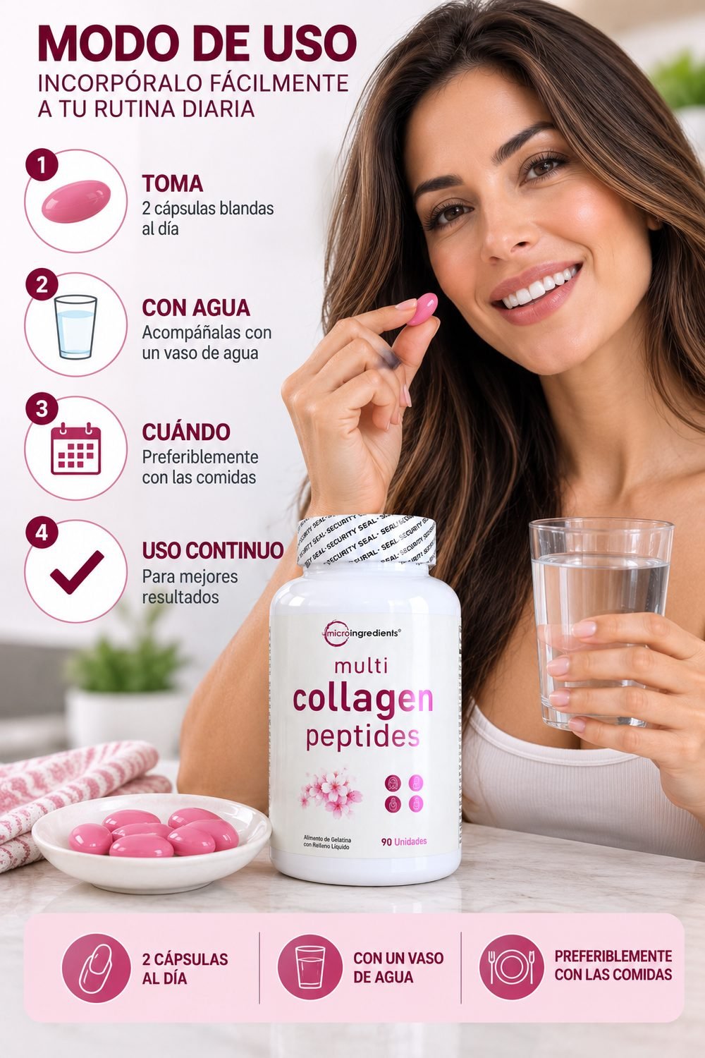 Modo de uso de Multi Collagen Peptides Microingredients: 2 cápsulas al día con agua, con las comidas